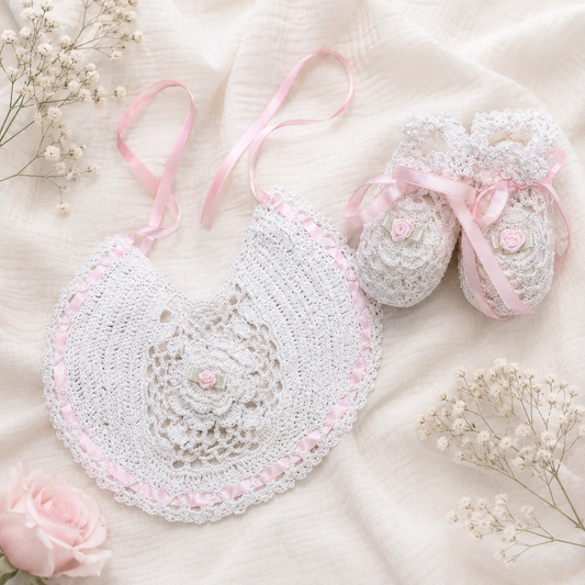 Pink Poppy Crochet Bib + Booties Set