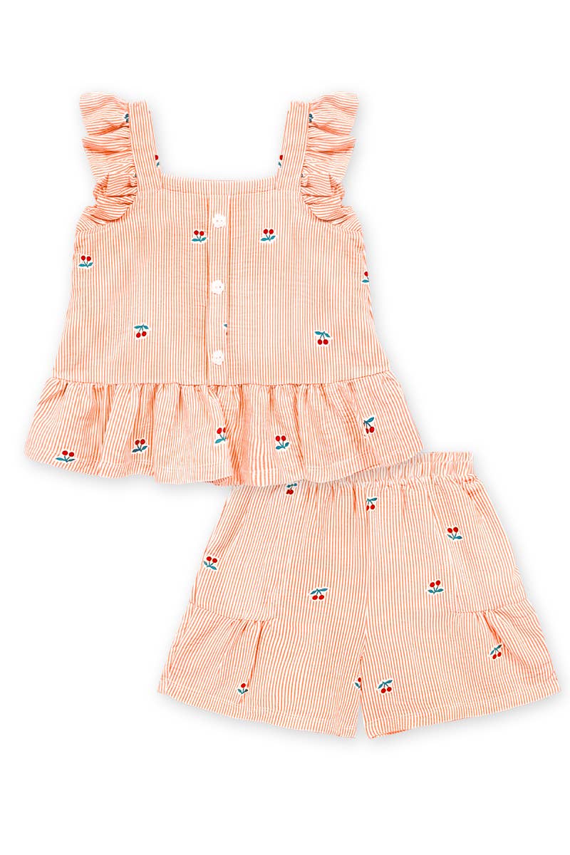 GKSS-Q26-38431B Girl's 2pc Stripe Short Set w/ Cherry Print