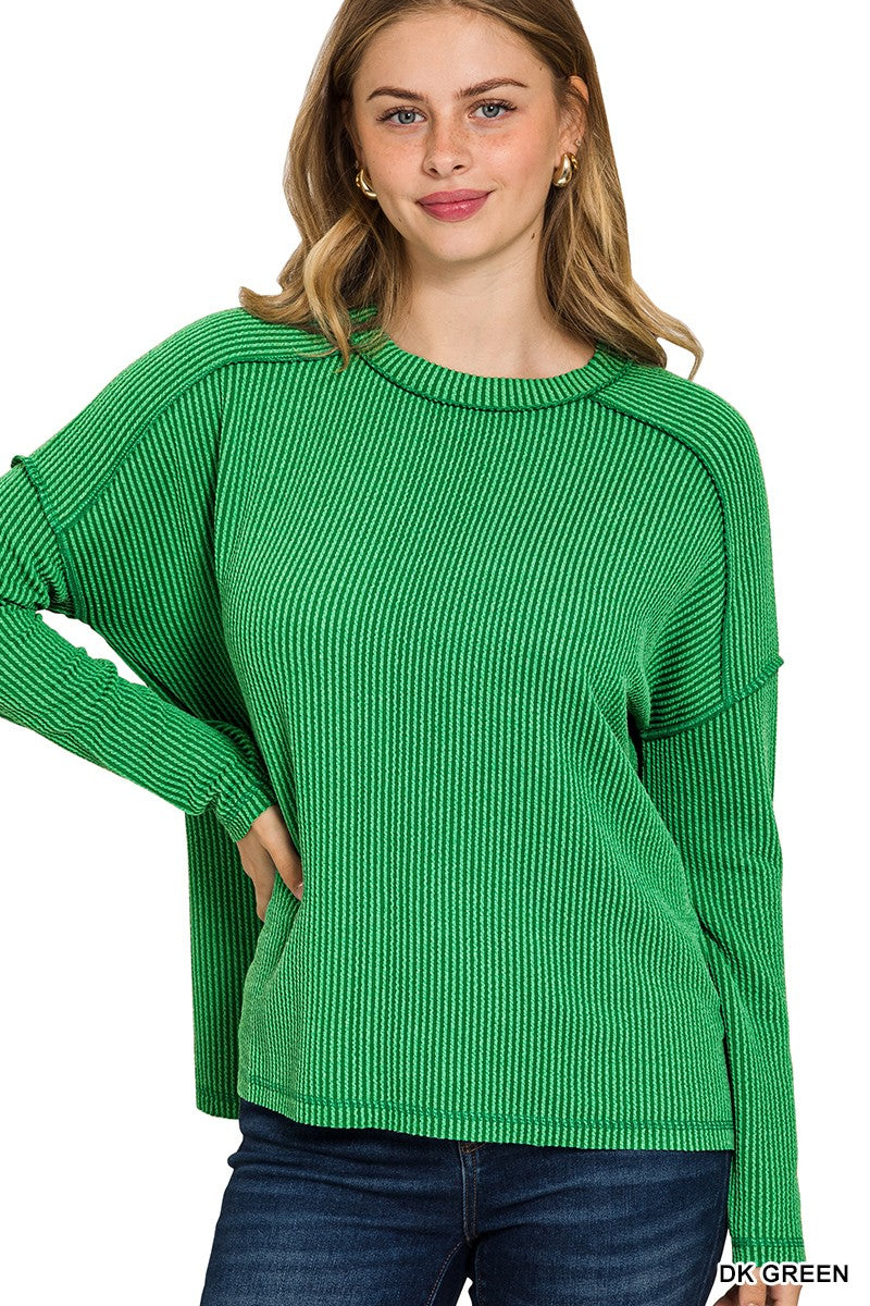 Ribbed Raw Edge Boat Neck Top