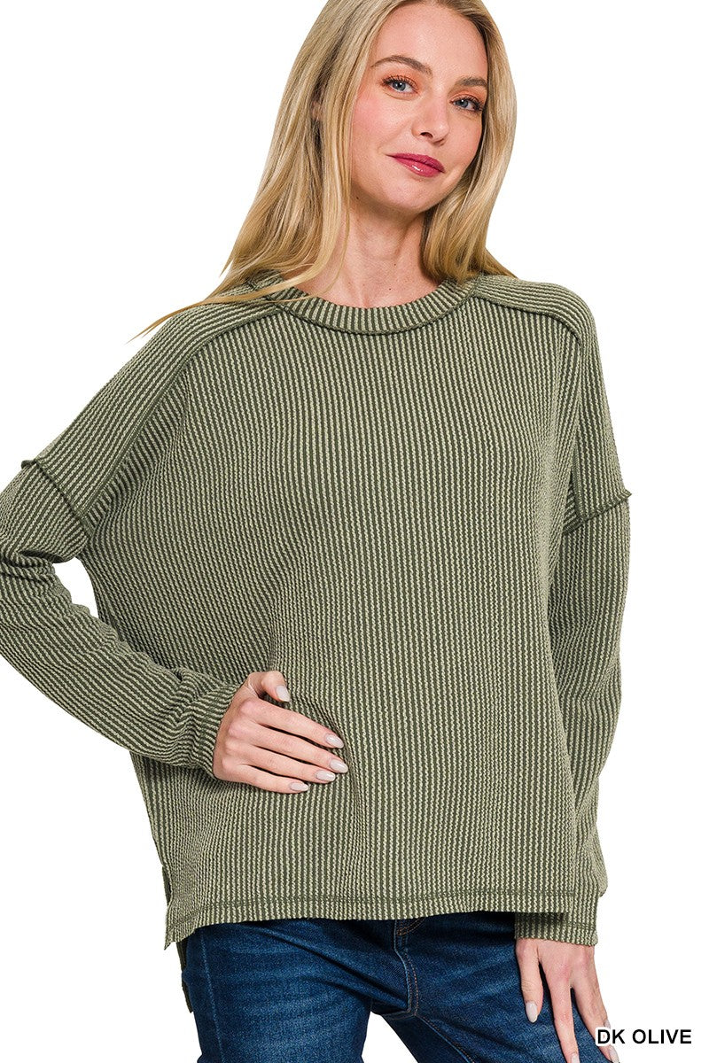 Ribbed Raw Edge Boat Neck Top