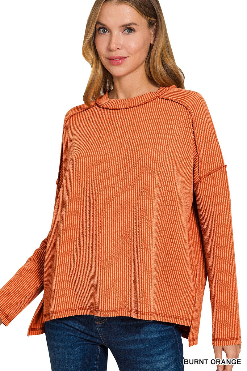 Ribbed Raw Edge Boat Neck Top