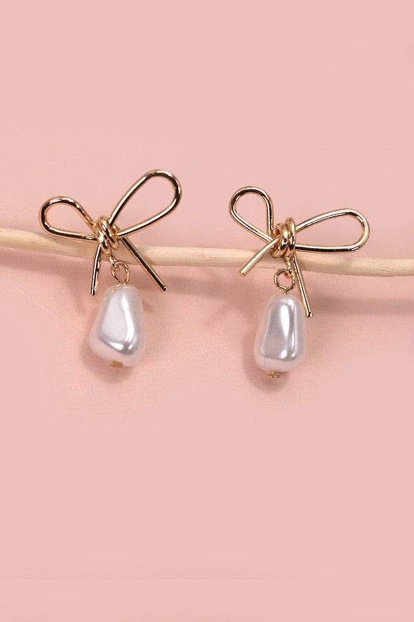 Pearl Dangle Bow Earrings