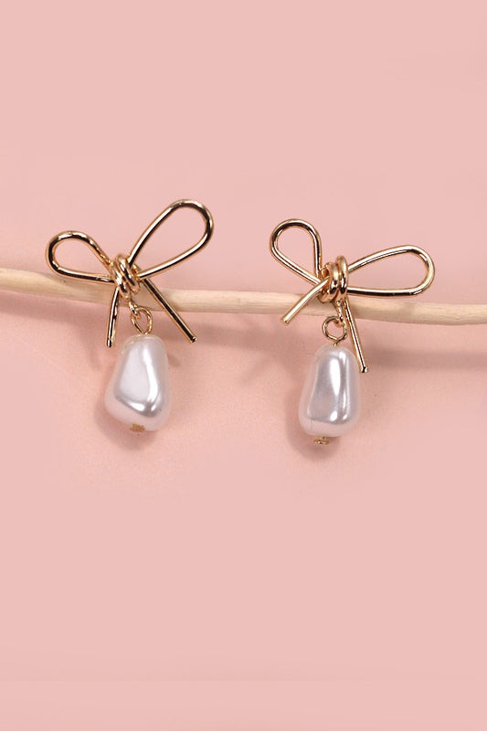 Pearl Dangle Bow Earrings