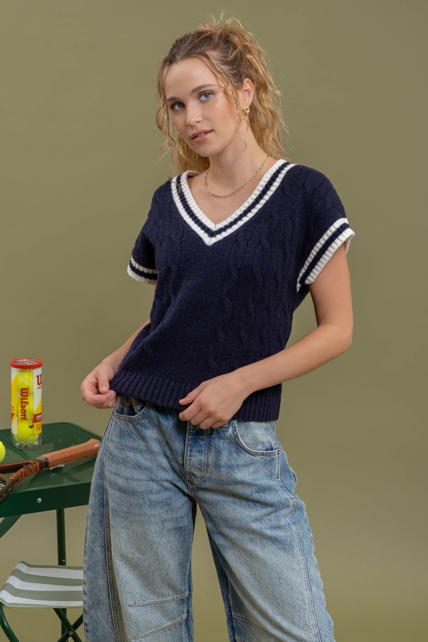 Navy Cableknit Dolman Short Sleeve Sweater