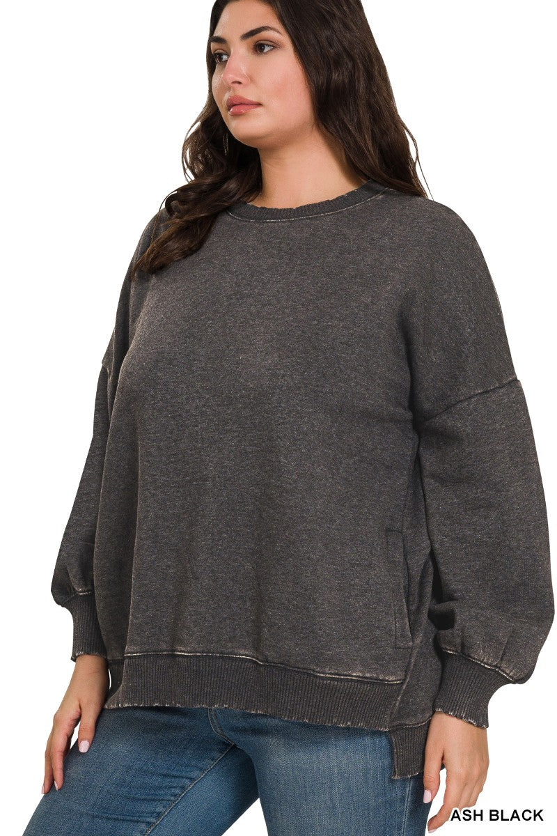Plus Acid Wash Fleece Hi-low Hem Pullover