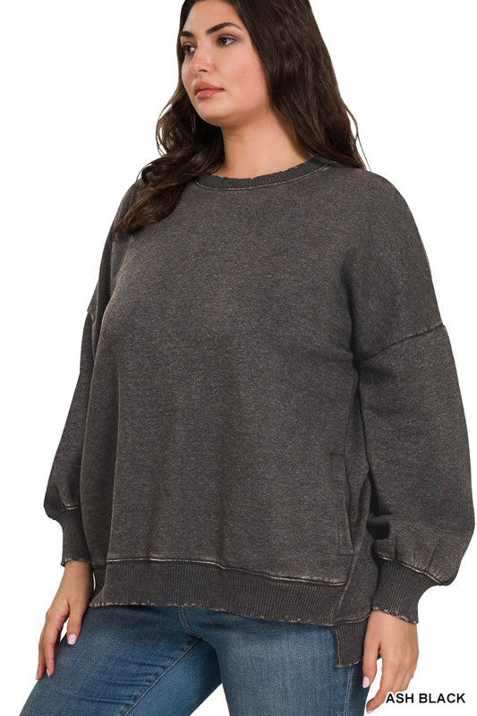 Plus Acid Wash Fleece Hi-low Hem Pullover