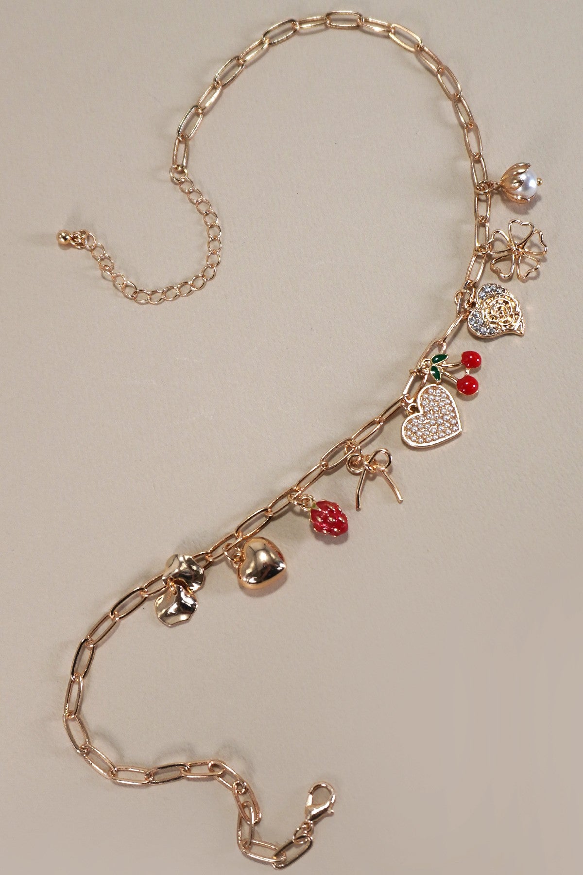 Bow, Cherry, Heart, Strawberry Charm Necklace