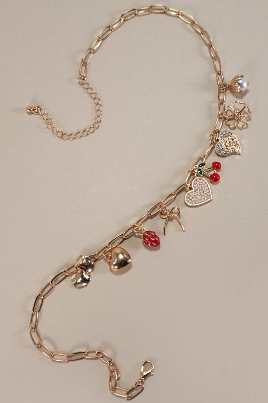 Bow, Cherry, Heart, Strawberry Charm Necklace