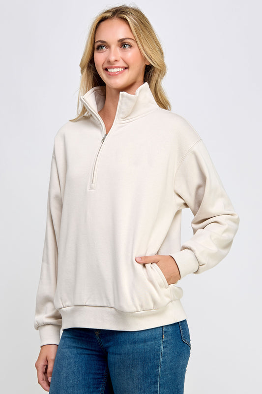 Beige Fleece Half Zip Up With Mock Neck Collar