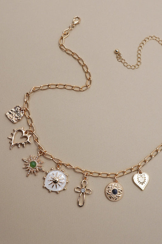 "HEART CROSS SUNBURST STONE" Charm Necklace