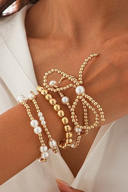 Multi-Layer Ball Chain Bead Pearl Bow Bracelet
