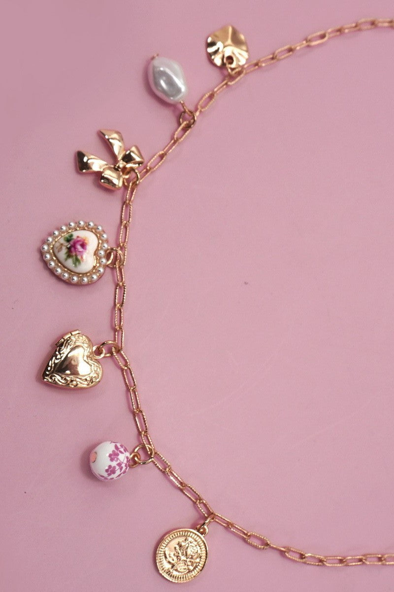 Ceramic Floral Porcelain Bow Heart Charm Link Necklace