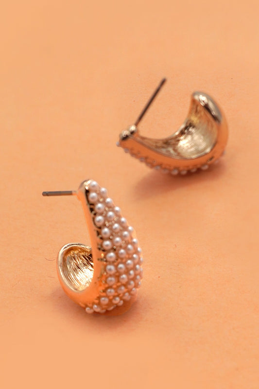 Pearl Studded On Huggie Hoop Oval Earrings