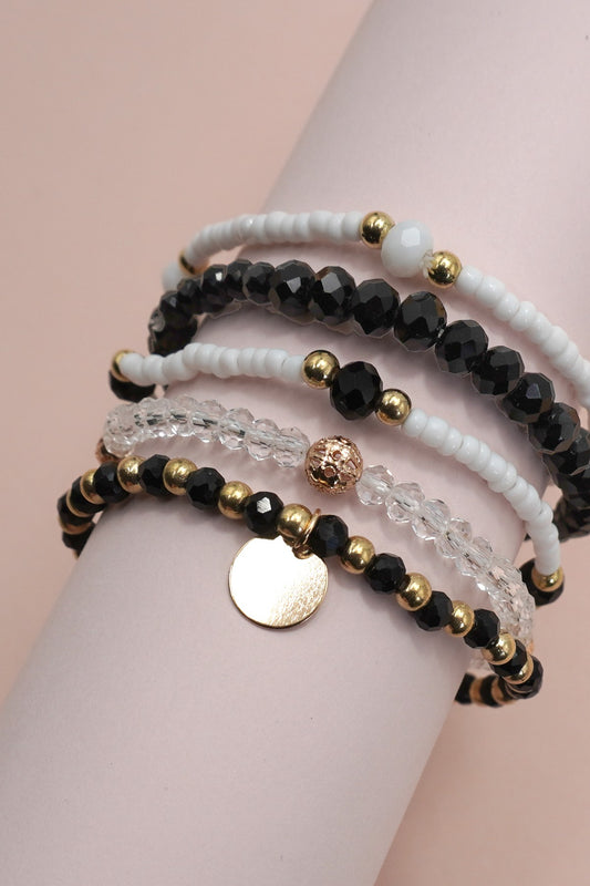 Black Multilayer Beaded Chain Disc Charm Bracelet
