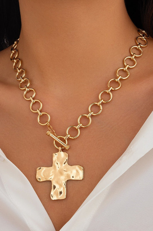 Hammered Cross Toggle Necklace