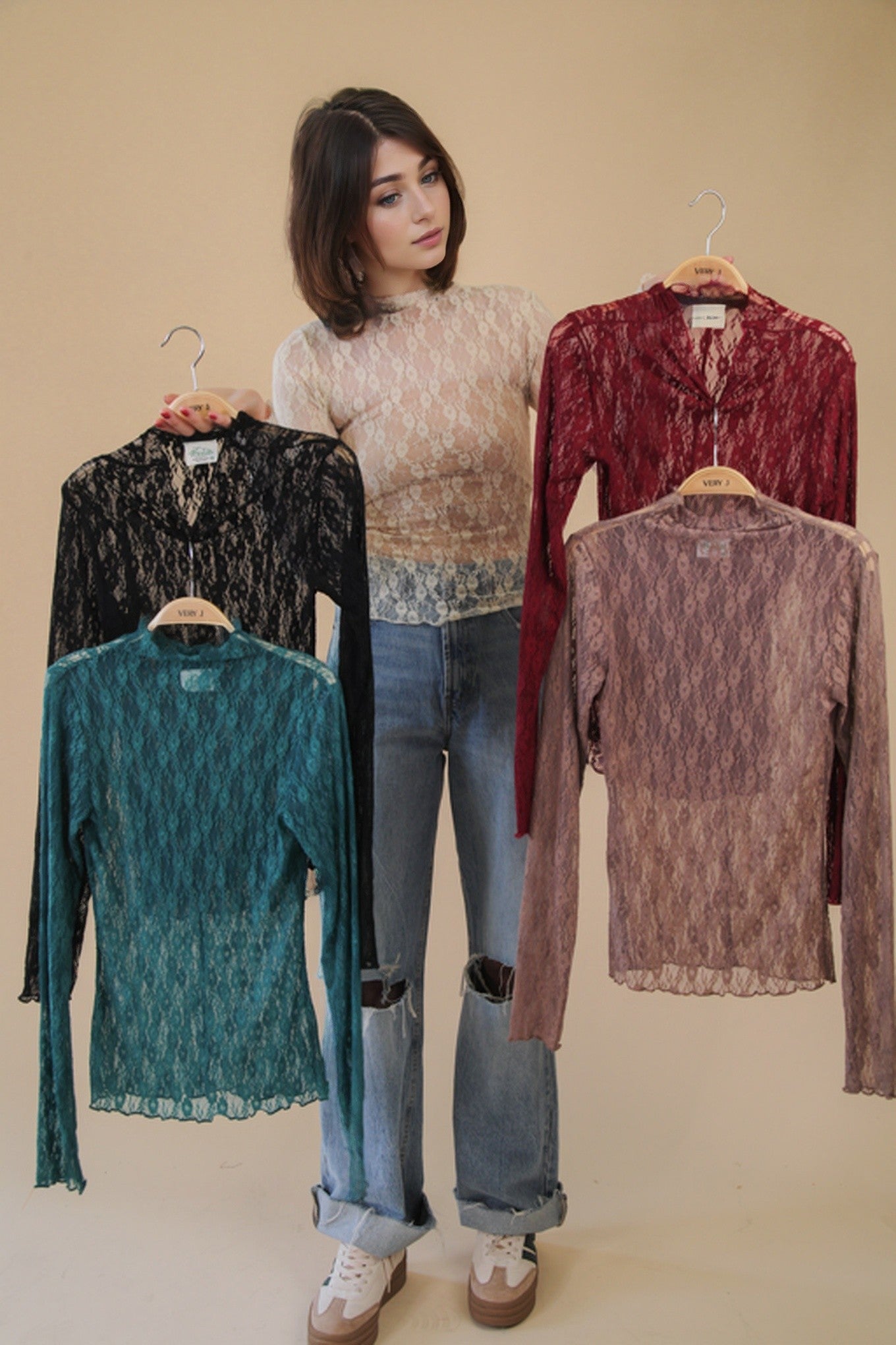 High Neck Fitted Sheer Mesh Lace Knit Top