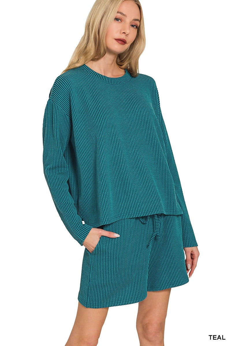 Raised Rib Long Sleeve Shorts Set