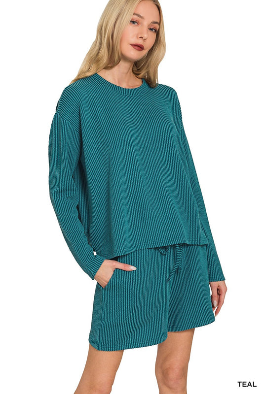 Raised Rib Long Sleeve Shorts Set
