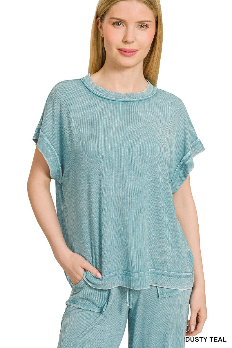Ribbed Acid Wash Rayon Top & Pants Set