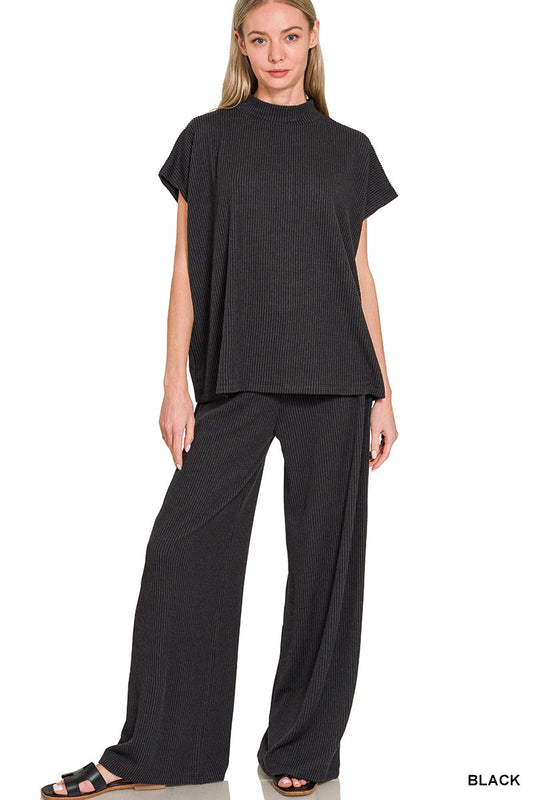 Black Raised Rib Short Sleeve Tee & Pants Set
