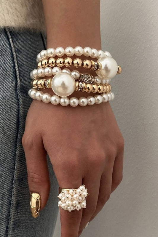 Square Round Pearl Stackable Bead Bracelet Set