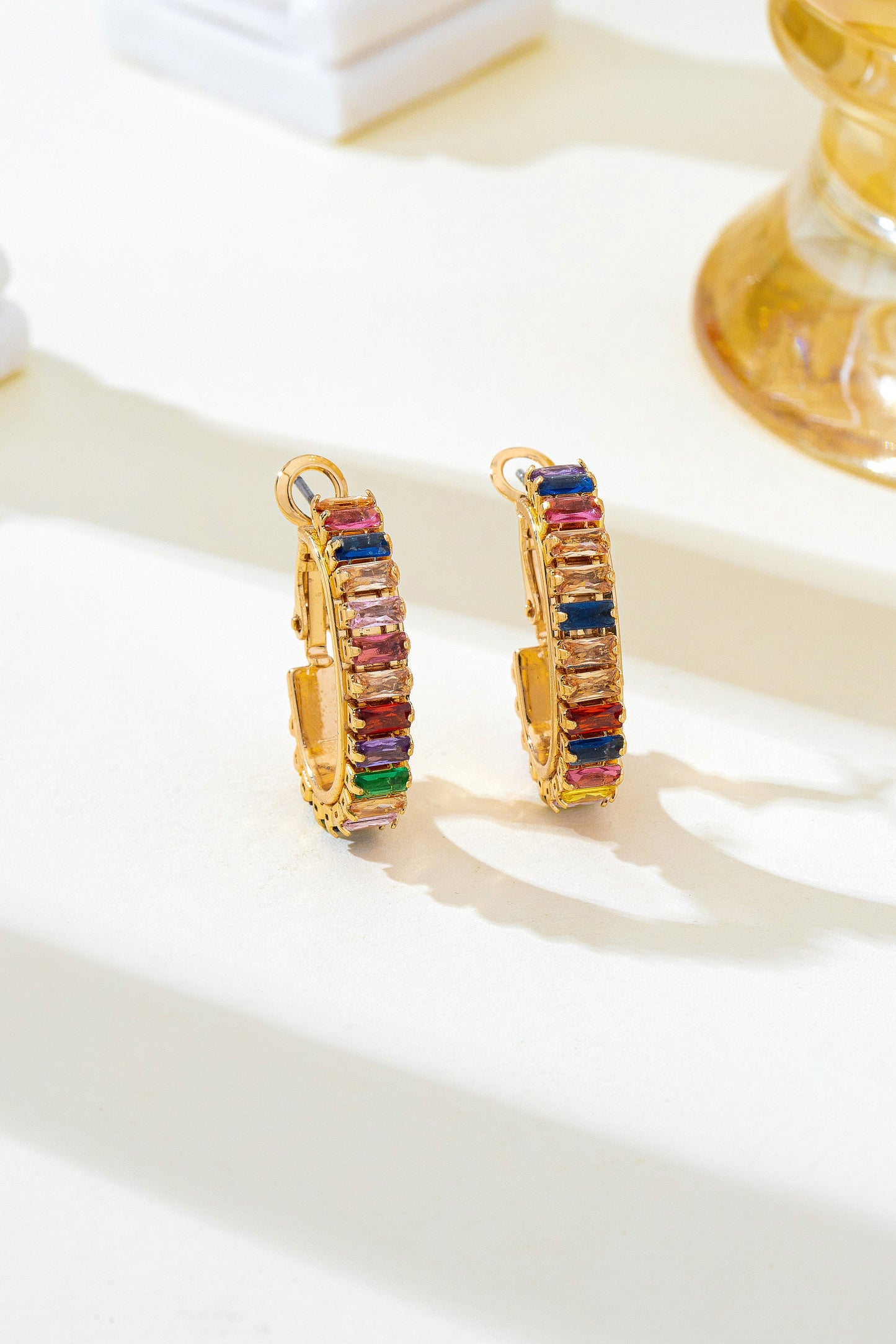 Multicolor Baguette Crystal Hoop Earrings