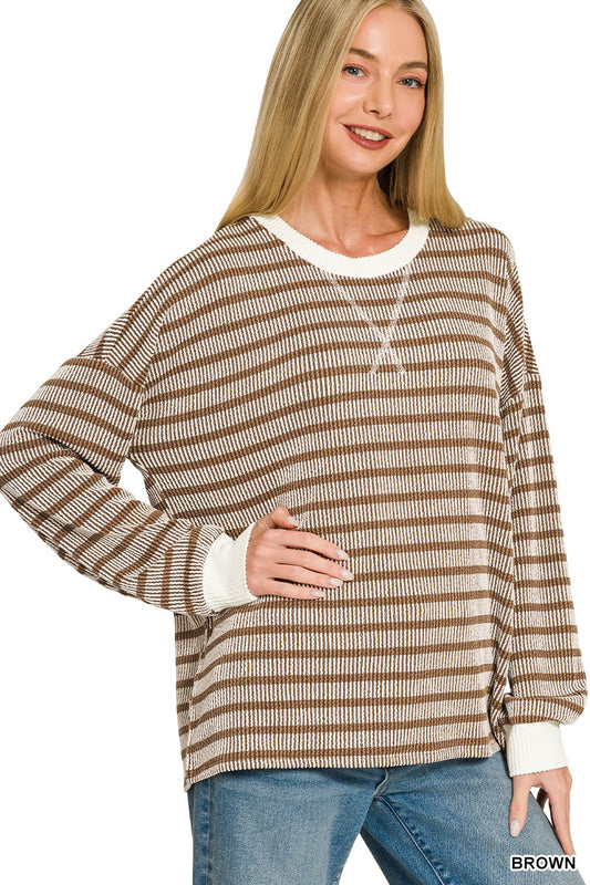 Raised Rib Striped Round Neck Pullover