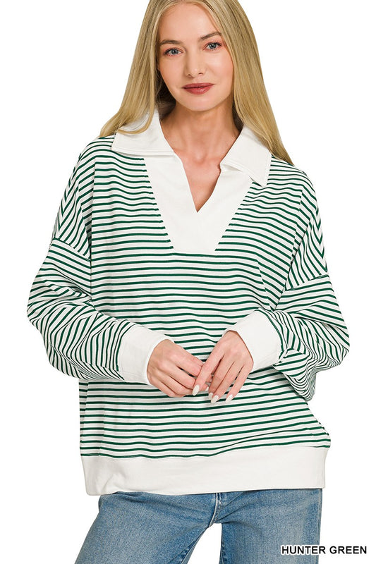 Striped Split Neck Collared Top