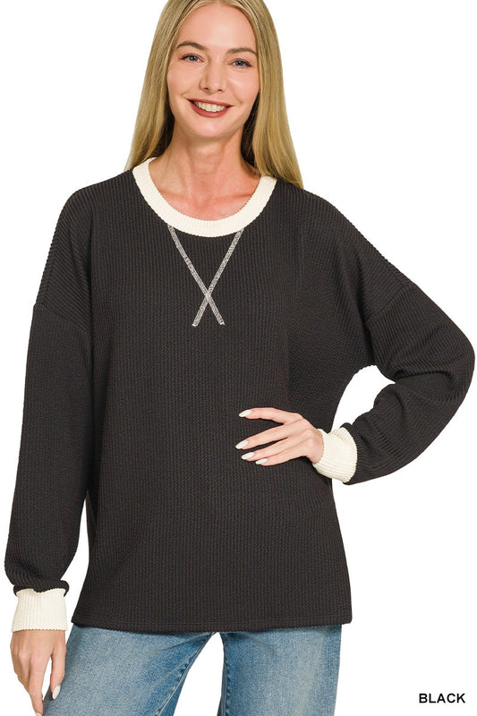 Comfy Raised Rib Round Neck Pullover
