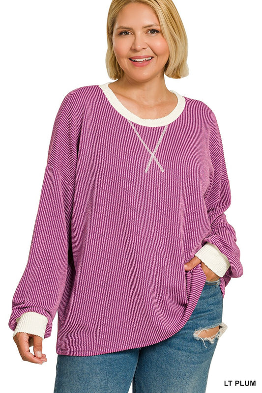 Lt Plum Curvy Raised Rib Round Neck Pullover