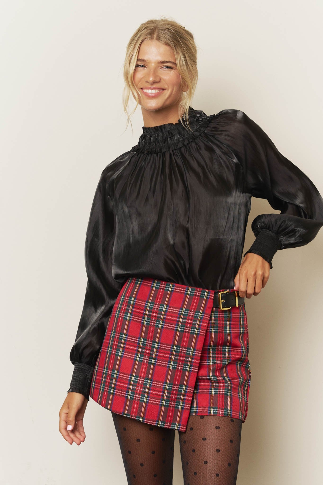 Smocked Neck Long Sleeve Blouse