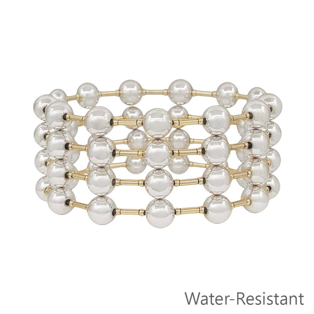 Water Resistant Set of 8MM Silver Beaded and Gold Bar Stretch Bracelets