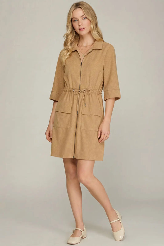 Taupe Corduroy Zip Up Dress