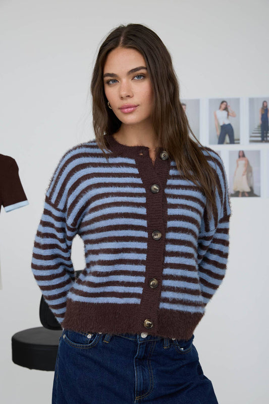 STRIPE BUTTON DOWN FUZZY CARDIGAN