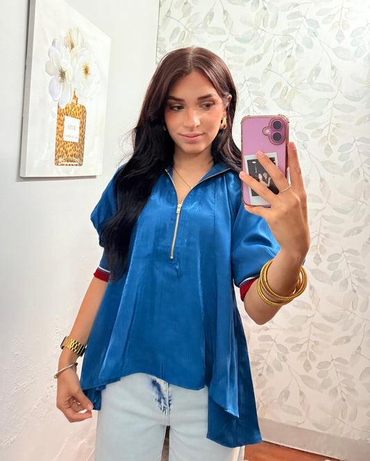 Teal mock neck blouse