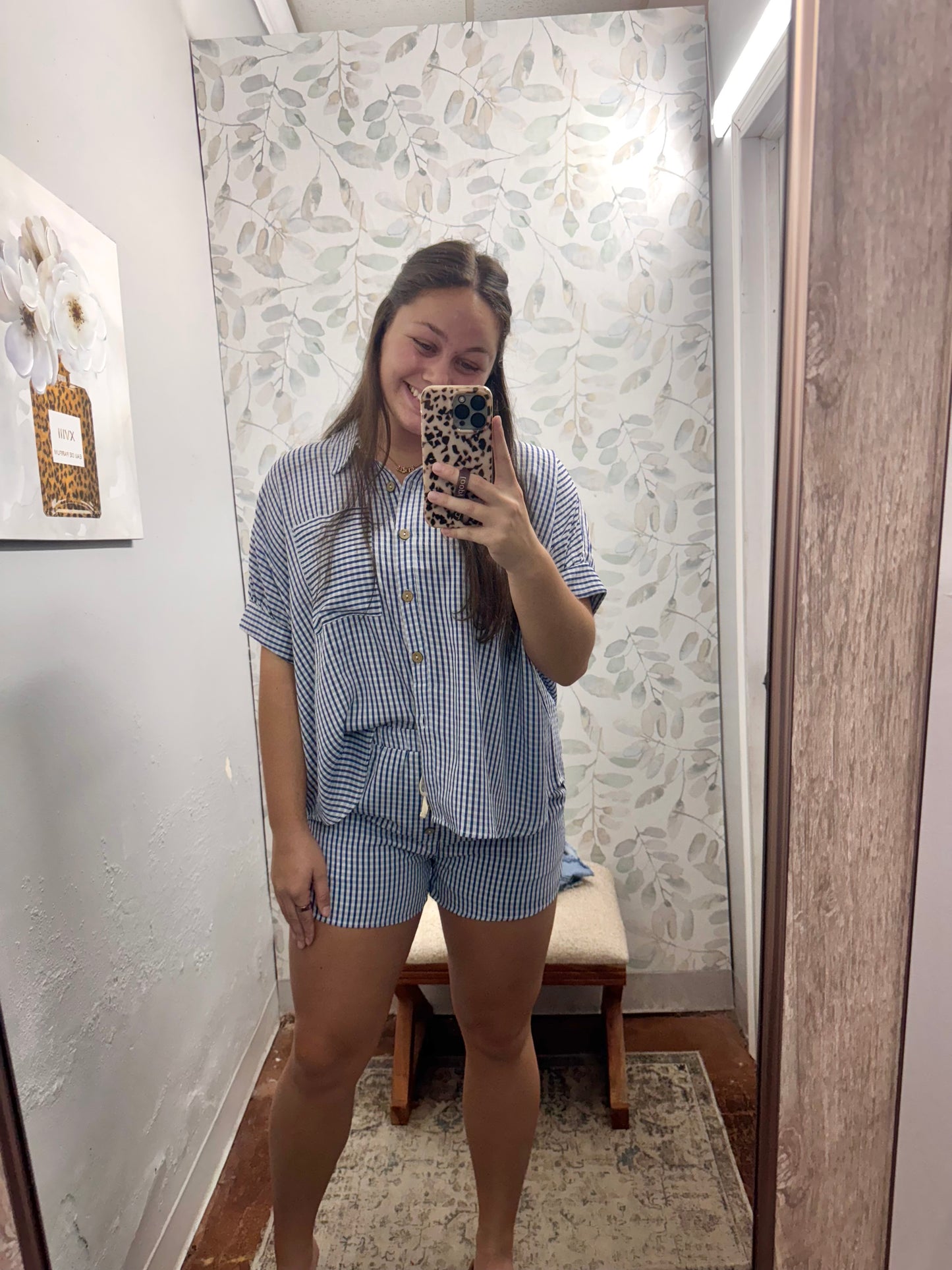 Navy Blue Mini Checker Top And Shorts Set