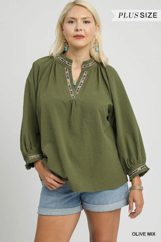 Olive With Cheetah Trim Curvy Top