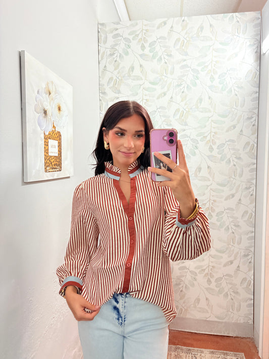 Jo's Brick Ruffled Neck Button Down Stripe Top