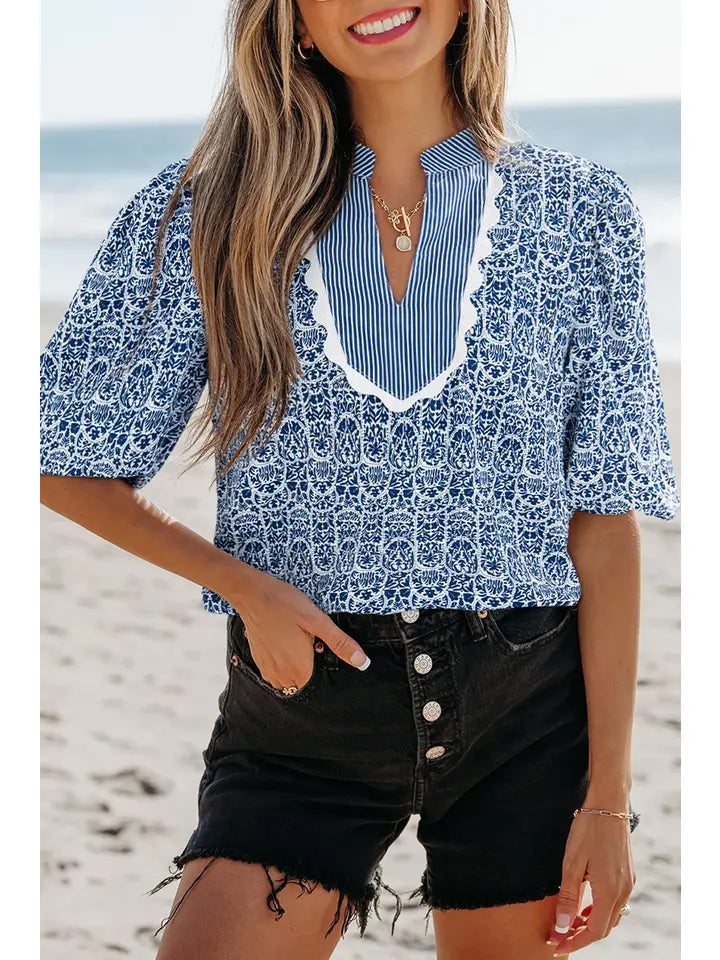 Floral Striped Print Contrast Ric-Rac Puff Sleeve Top