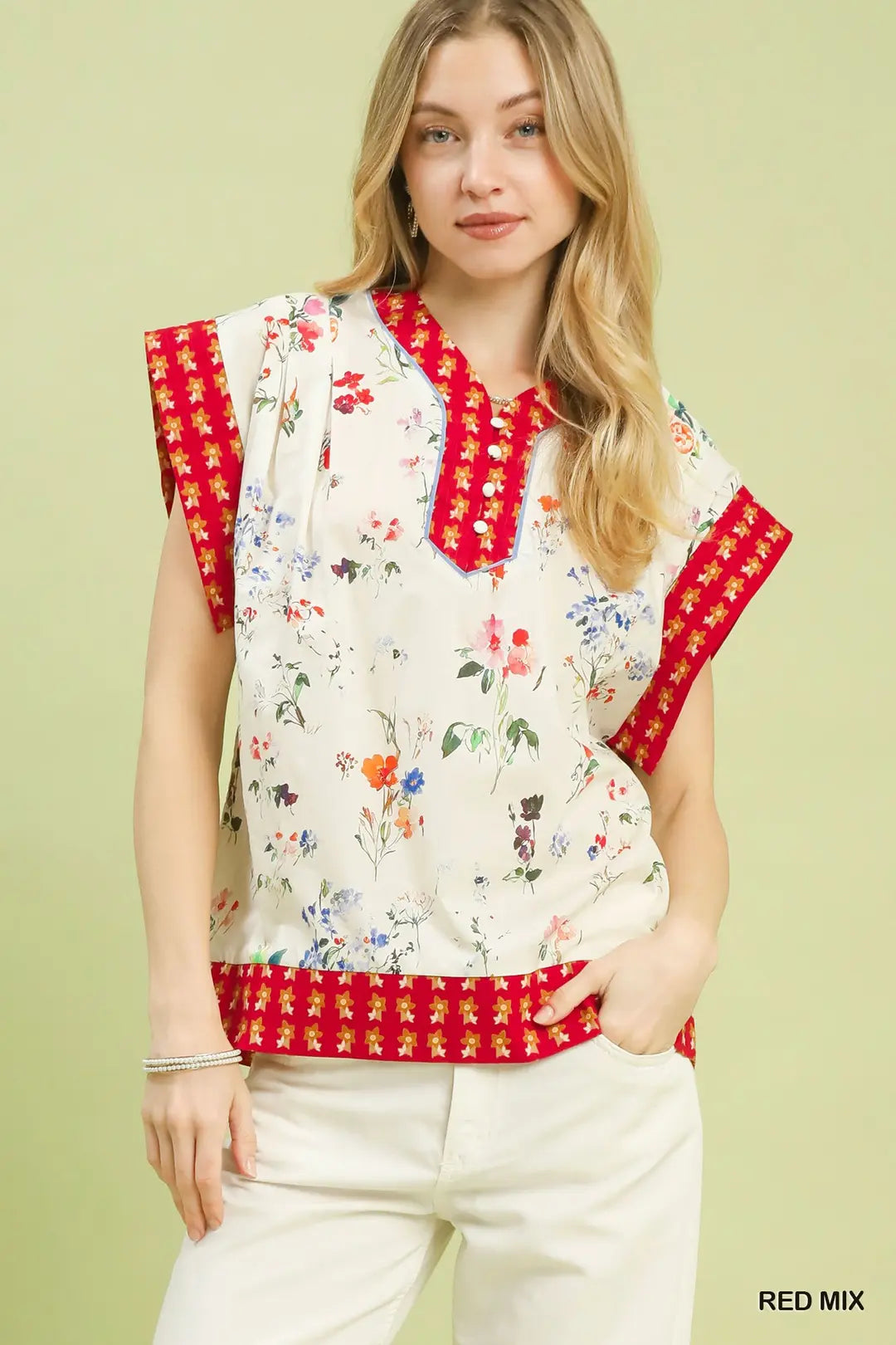 Mixed Print V-Neck Top