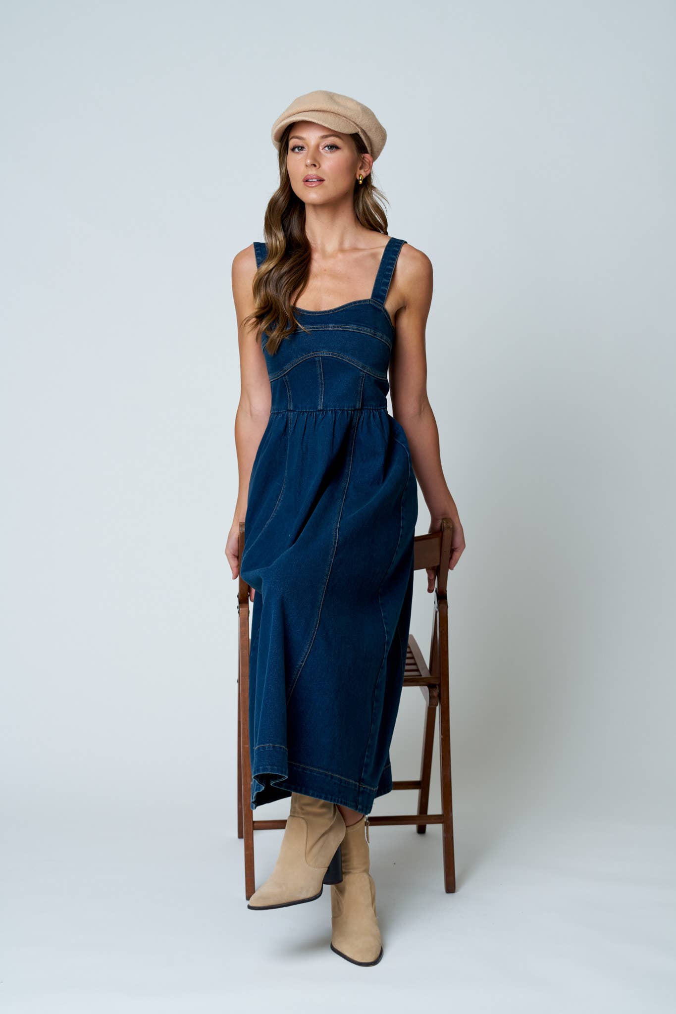 SWEETHEART CORSET SEAM DETAIL DENIM MIDI DRESS