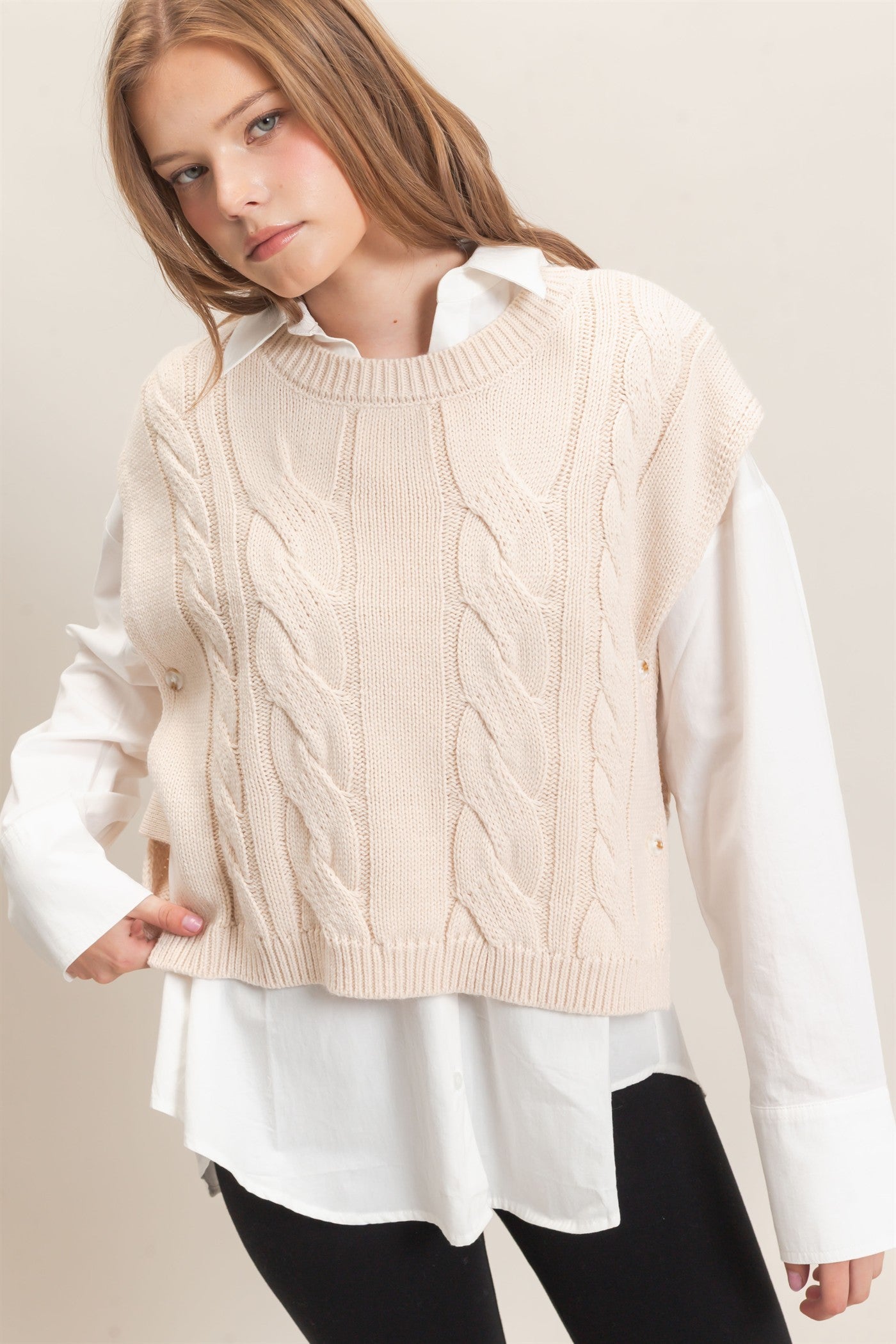 Cable Knit Vest With Side Buttons