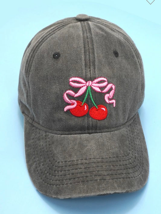 Embroidered Bow Cherry Cap