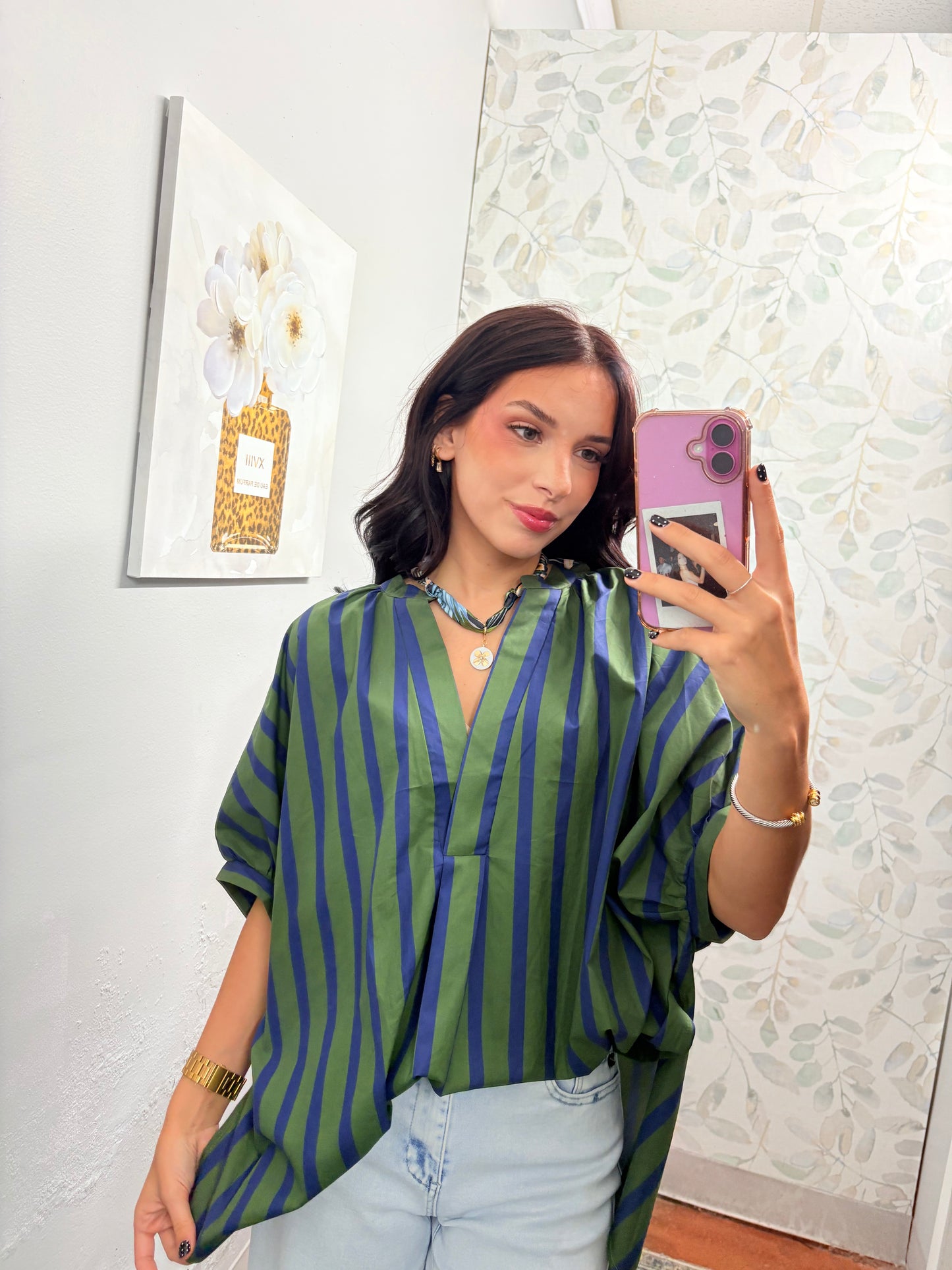 Green/ Navy V-neck Placket Oversized Top
