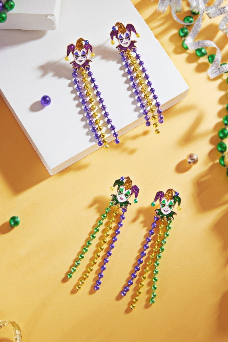 MARDI GRAS MASK W BALL CHAIN TASSEL POST EARRINGS