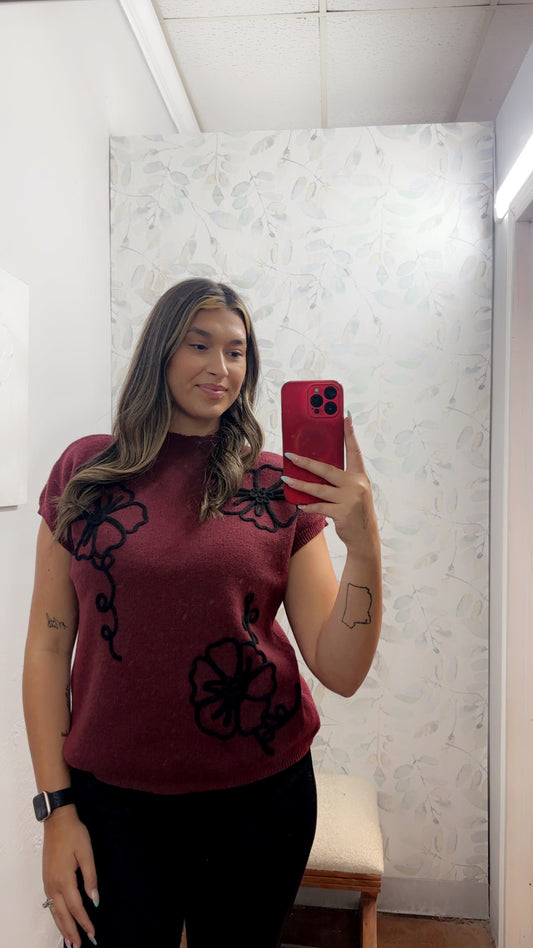 Floral Trim Mock Neck Sweater