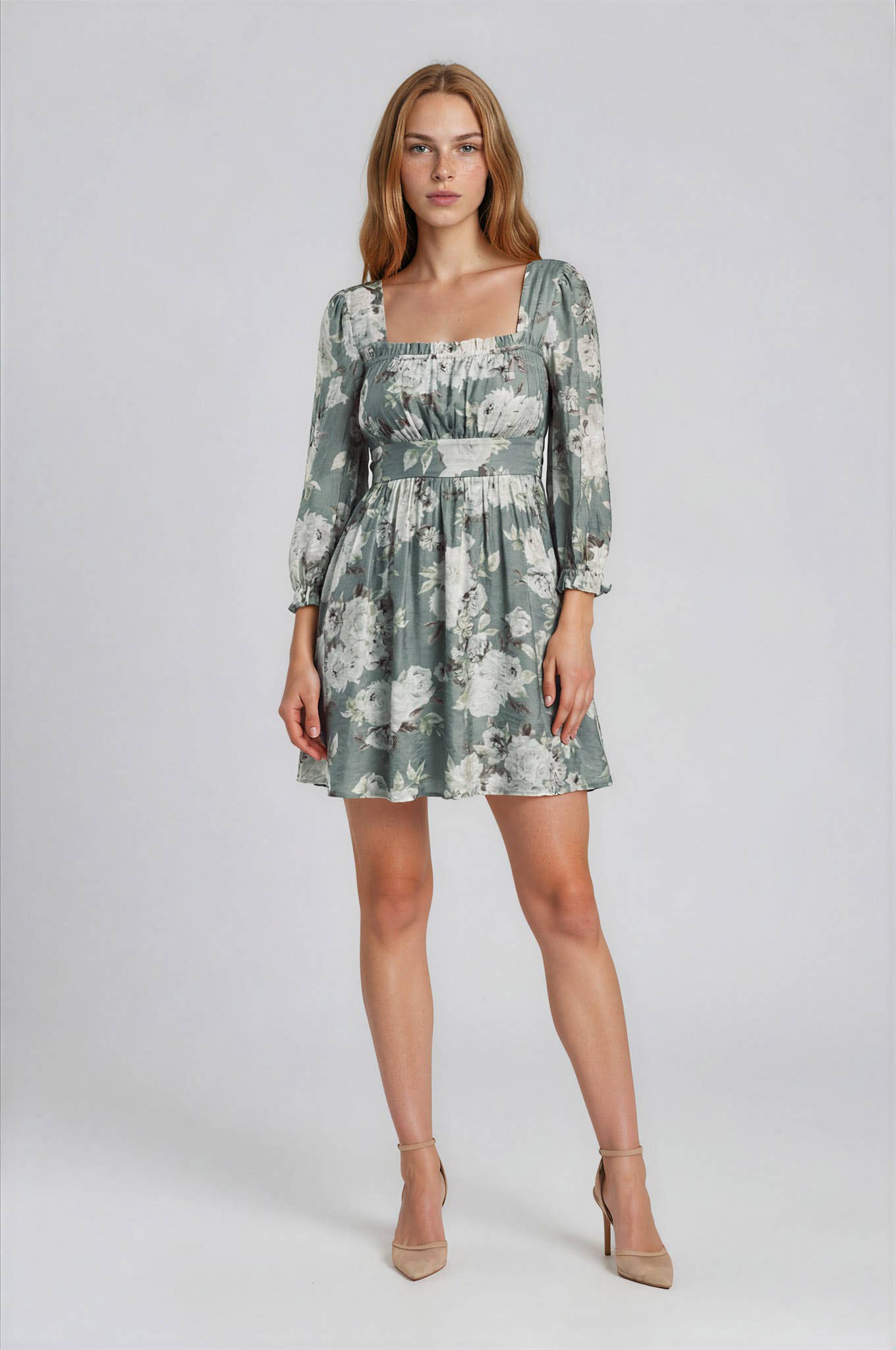 FLORAL SQUARE NECK HALF SLEEVE MINI DRESS