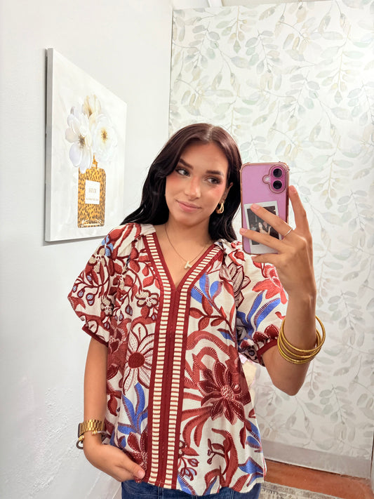 Bubble Sleeve Botanical Print Top