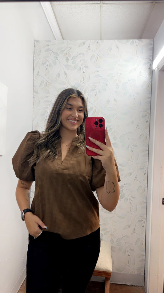 Solid V Neck Puff Sleeve Top