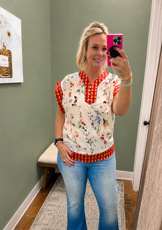 Mixed Print V-Neck Top